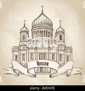 La Cattedrale di Cristo Salvatore a Mosca, in Russia. La città di viaggio di vecchio stile sfondo. Illustrazione Vettoriale. Foto Stock