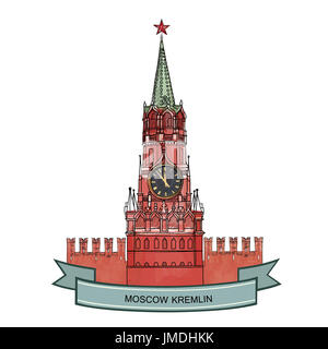 Torre Spasskaya, Piazza Rossa, il Cremlino di Mosca, Russia. Città di Mosca etichetta. Icona del viaggio il vettore disegnati a mano illustrazione. Foto Stock