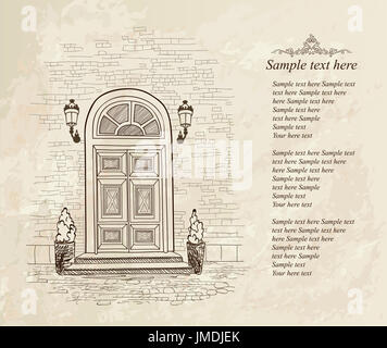 Vecchie porte in stile vintage su sfondo bianco. Ingresso di casa del disegno a mano illustrazione. Doodle accogliente street vicoletto wallpaper design Foto Stock