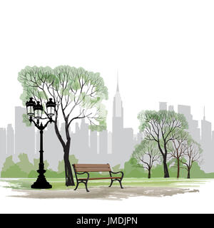 Panca e lampione in parco su sfondo della città. Paesaggio di Central Park a New York. Stati Uniti d'America. Foto Stock