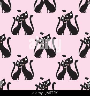 Modello di perfetta Coppia di amanti dei gatti . Seamless pattern può essere utilizzato per la carta da parati, riempimenti, sfondi per pagine web, texture di superficie. Illustrazione Vettoriale