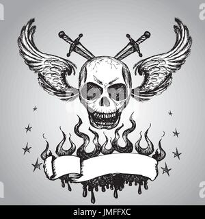 Teschi Ali Tattoo, disegno a mano,vettore Illustrazione Vettoriale
