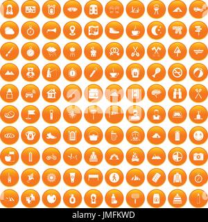 100 famiglia campeggio set di icone di colore arancione Illustrazione Vettoriale