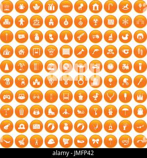 100 infanzia felice set di icone di colore arancione Illustrazione Vettoriale