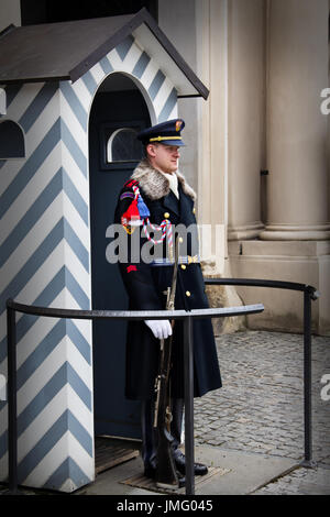 Praga, Repubblica Ceca - 14 Aprile 2013: la guardia in uniforme tradizionale al di fuori della cattedrale di San Vito. Foto Stock