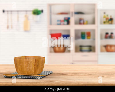 3D rendering stoviglie sul banco in legno con cucina sfondo sfocato Foto Stock