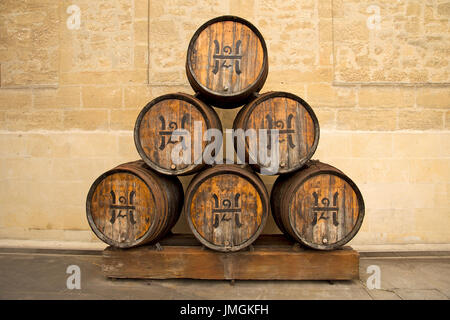 Set di sei impilati in legno barili di vino al di fuori delle Bodegas López de Heredia Viña Tondonia cantina (Haro, La Rioja, Spagna) Foto Stock