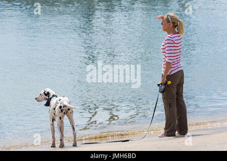Donna con cane dalmata in piedi che guarda nella distanza di Lyme Regis harbour a Lyme Regis, Dorset in luglio Foto Stock