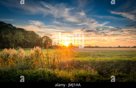 Un caldo tramonto segue alla fine di un tipico di una giornata estiva nel Lincolnshire campagna, vicino al piccolo villaggio di Aslackby, Lincolnshire, Regno Unito Foto Stock