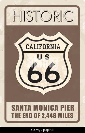 Retrò route 66 segno. storico banner roud. Viaggio in California, USA sfondo. interstate icona del percorso Illustrazione Vettoriale