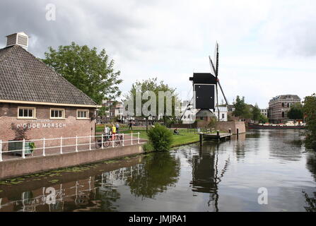 Xvii secolo post mill 'De mettere' a Galgewater canal in Leiden, Paesi Bassi. Visto da Morspoort brug / bridge Foto Stock