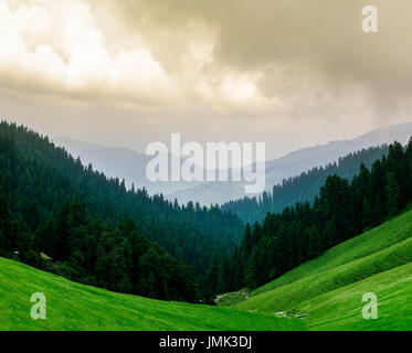 Gloriosa vista panoramica del bellissimo paesaggio della valle Janjheli vicino Shikari Devi Temple, India Foto Stock