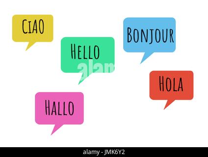 Composito Digitale di Hello in lingue diverse chat apprendimento bolle con sfondo bianco Foto Stock