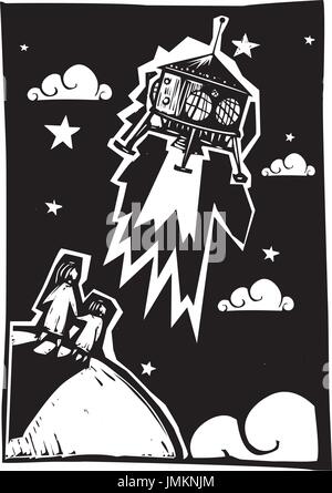 Xilografia stile Steampunk capsula spaziale in orbita di atterraggio o di decollo Illustrazione Vettoriale
