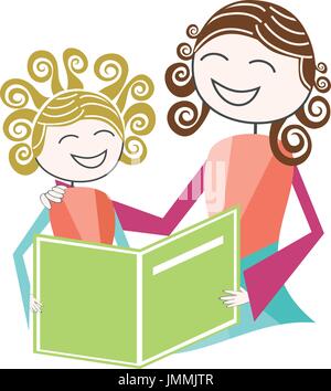 Una madre, studente o nanny aiuta il bambino a leggere o eseguire i suoi compiti Illustrazione Vettoriale