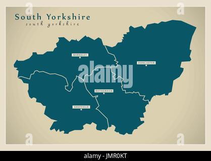 Mappa moderno - South Yorkshire Metropolitan County con città e distretti Inghilterra illustrazione del Regno Unito Illustrazione Vettoriale