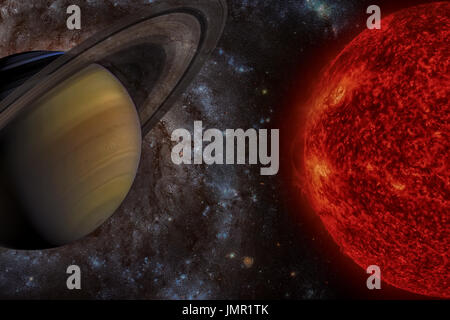 Sistema solare - Saturno. È il sesto pianeta dal sole e la seconda più grande del Sistema Solare. Esso è un gas pianeta gigante e dispone di un sistema ad anello. Foto Stock