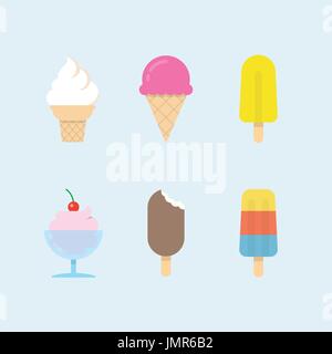 Set di gelato icone. Vettore coni di ghiaccio, popsicles e gelato di palline in tazze. Appartamento moderno disegno vettoriale. Illustrazione Vettoriale