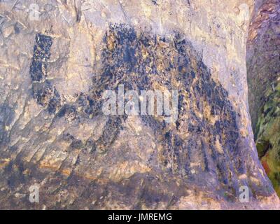 Abstract i figli d'arte nella grotta di pietra arenaria. Il nero di carbonio vernice mammoth di caccia umani sulla parete di pietra arenaria, copia di immagine preistorica. Foto Stock