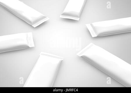 Fustellato confezione per alimenti mockup, sei foglio bianco modello di sacchi di snack, zucchero o caffè istantaneo in 3D rendering, cerchio Foto Stock