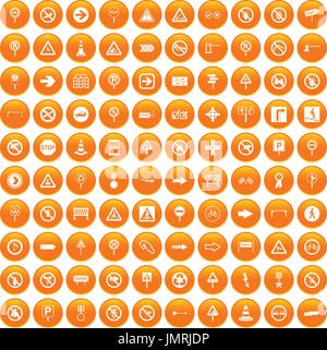 100 segnaletica stradale set di icone di colore arancione Illustrazione Vettoriale