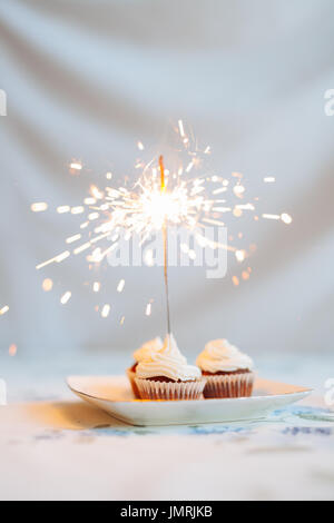 Donna che mantiene una gustosa tortina con sparkler, close up Foto Stock