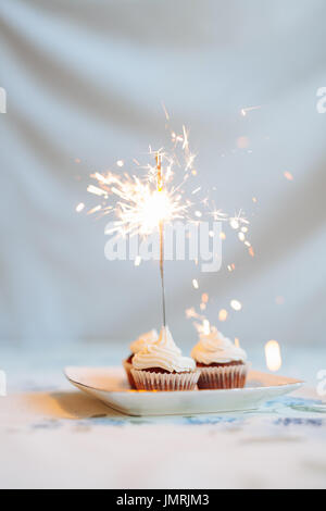 Donna che mantiene una gustosa tortina con sparkler, close up Foto Stock