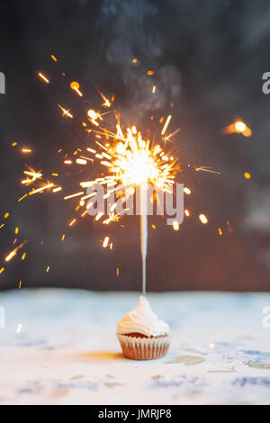 Donna che mantiene una gustosa tortina con sparkler, close up Foto Stock