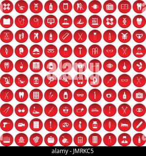 100 accessori medicali set di icone di colore rosso Illustrazione Vettoriale