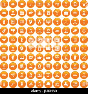 100 il lavoro in team set di icone di colore arancione Illustrazione Vettoriale
