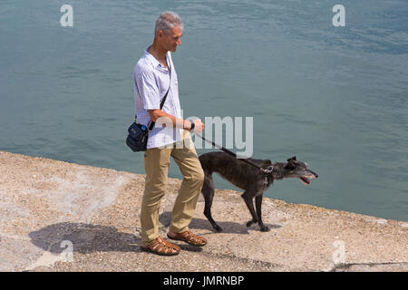 Uomo che cammina lurcher cane lungo la parete del porto a Lyme Regis, Dorset in luglio Foto Stock