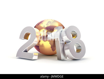 2018 Anno Nuovo tipo composta con un Golden Planet Earth, isolato su bianco - 3D illustrazione Foto Stock