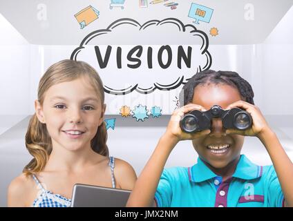 Composito Digitale dei bambini con il binocolo con camera vuota di sfondo e visione grafica di testo Foto Stock