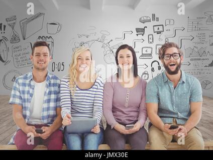 Digital composito di un gruppo di persone sedute con dispositivi nella parte anteriore della camera con grafica disegni Foto Stock