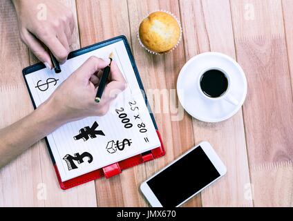 Composito Digitale di denaro valuta disegni su notepad con caffè e telefono Foto Stock