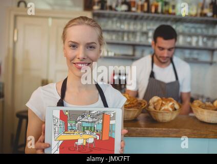 Composito Digitale della donna con la compressa con il contatore dietro. Sul tablet il nuovo design per il ristorante. Foto Stock