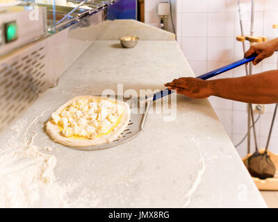 Preparazione del formaggio di casa la pizza nel ristorante pizzeria, Firenze, Toscana, Italia. Foto Stock