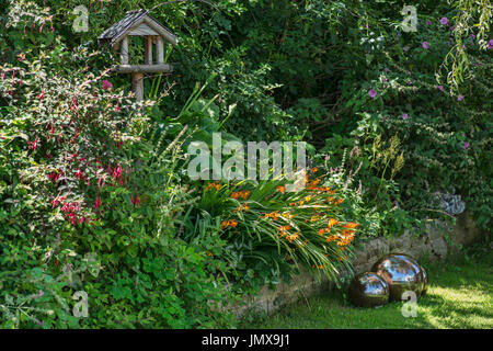 Giardino confine in ombra dalla luce del sole con le ortensie Foto Stock