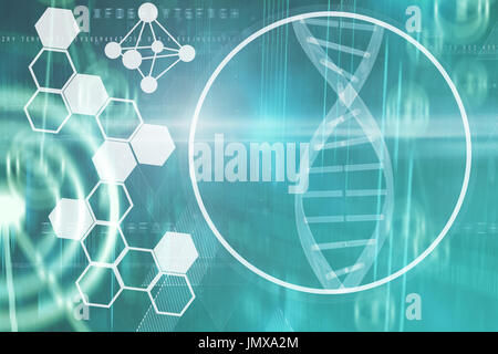 Immagine di elica di DNA e interfaccia di molecole contro i codici binari e linee Foto Stock