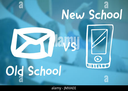 Digital immagine composita della lettera e smart phone con testo contro sfondo blu Foto Stock