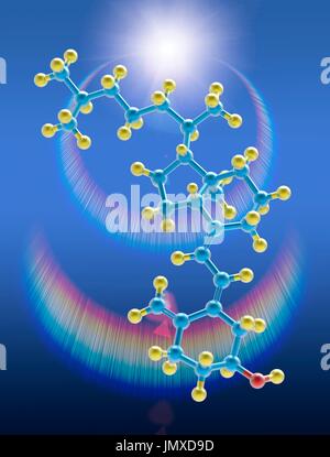 Un modello molecolare della vitamina D3 (colecalciferolo), una forma di vitamina D sintetizzata nella pelle come un risultato di raggi ultravioletti B luce. La vitamina D3 gioca un ruolo nell'assorbimento di calcio per mantenere forti le ossa e bilanciare i livelli di calcio e fosforo nel sangue. Gli atomi sono di colore blu (carbonio), giallo (idrogeno) e rosso (ossigeno). Sullo sfondo di una svasatura di Sun con riflessi cromatici. Foto Stock