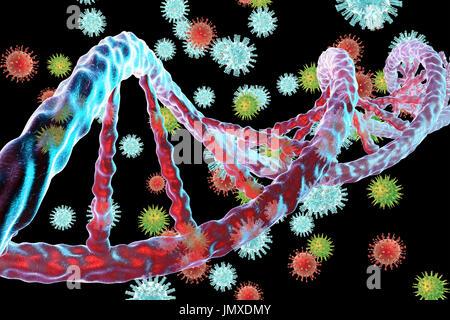 Immagine concettuale per l'interazione tra il virus e la cellula ospite del DNA (acido desossiribonucleico). Integrazione del virus nel DNA è il passaggio chiave nella oncogenesi. Sono molti i virus, come l'epatite B, virus di papilloma virus e altri, è in grado di integrarsi nel DNA ospite come mutageni inserzionale provocando l'attivazione di un telefonino proto-oncogene che conduce infine alla cella di incontrollata moltiplicazione e lo sviluppo del cancro. Foto Stock