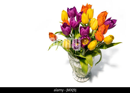 Vaso di vetro di tulipani su un fondo trasparente Foto Stock