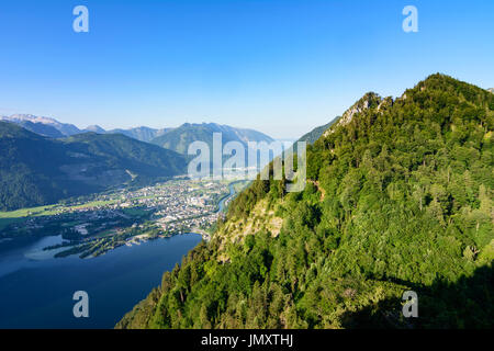 Lago Traunsee, città di Ebensee dalla montagna Kleiner Sonnstein, Ebensee am Traunsee, Salzkammergut, Oberösterreich, Austria superiore, Austria Foto Stock