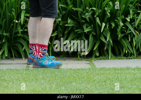 Uomo che indossa pantaloncini, formatori e union jack calze in un giardino inglese. Regno Unito Foto Stock