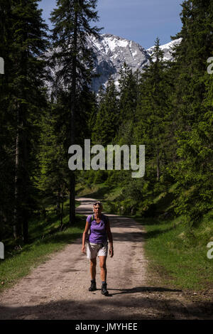 Femmina solitario escursionista a camminare su una strada forestale attraverso la valle Gaistal, Leutasch, Tirolo, Austria Foto Stock