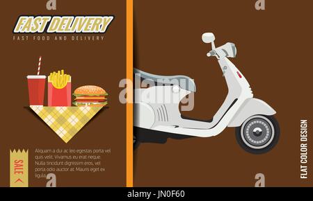 Il fast food consegna rapida e gratuita poster o un modello di progettazione. Illustrazione Vettoriale. Illustrazione Vettoriale