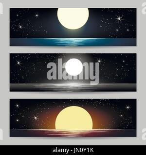 Serie di paesaggi marini con la luna piena al mare di notte. Illustrazione Vettoriale Illustrazione Vettoriale