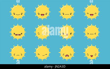 Set di vettore kawaii sun emoticon. Isolato sul verde sfondo blu. Illustrazione Vettoriale