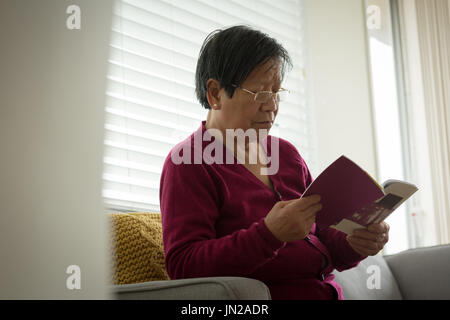 Senior donna libro lettura mentre è seduto sul divano dalla finestra a casa Foto Stock